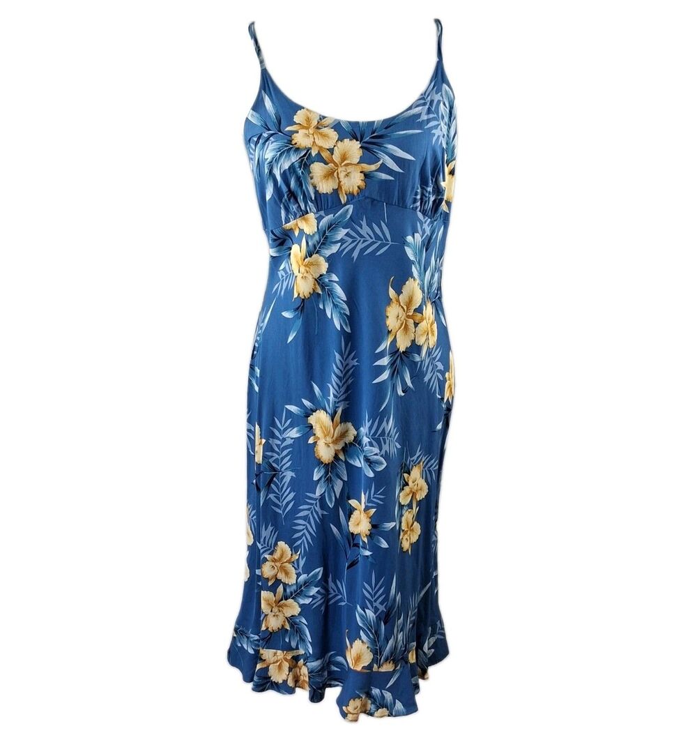Two Palms Hawaii Blue Orchid Floral Aloha Midi Sundress Size M Tropical Y2K 90s